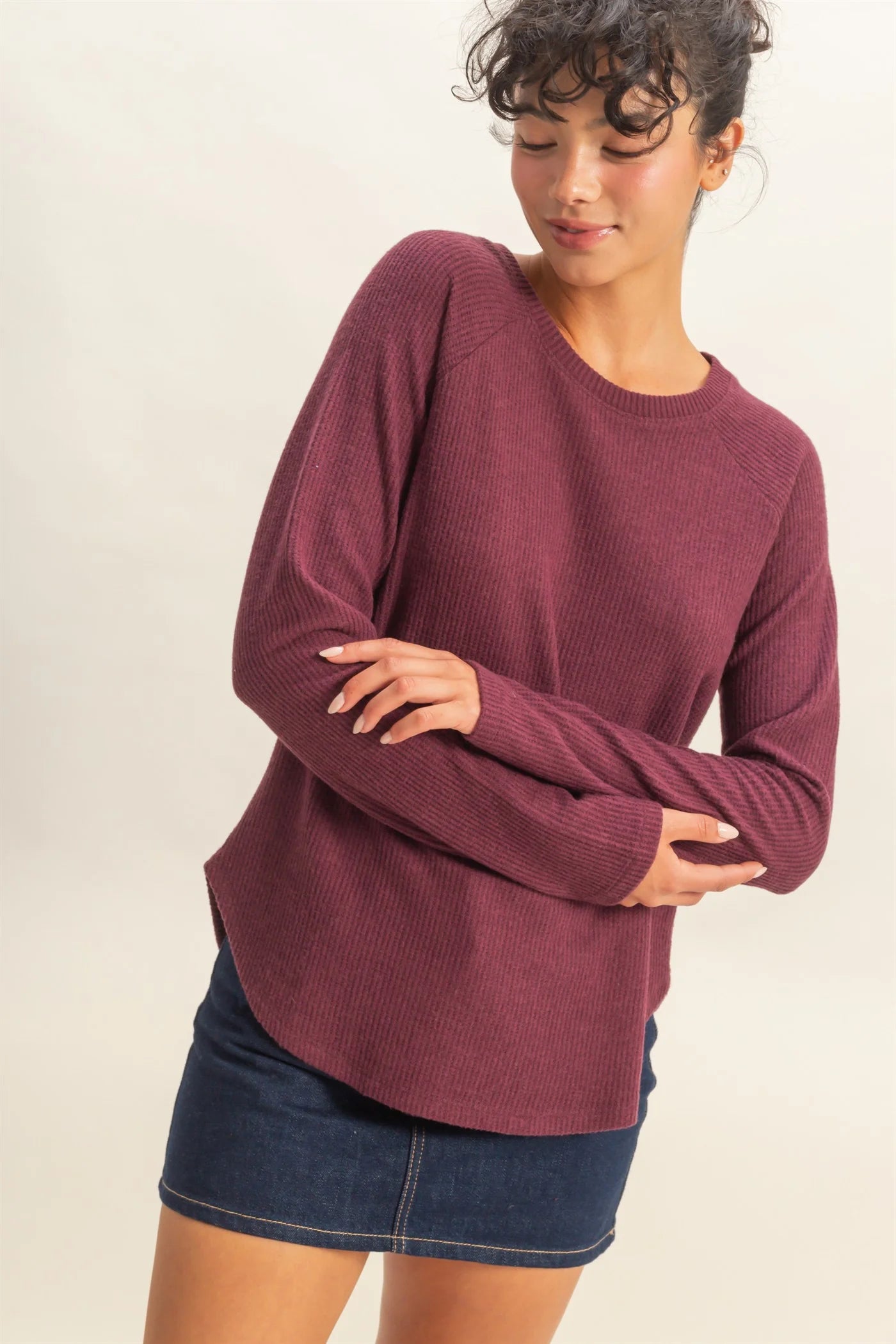 Brushed Waffle Raglan Sleeve Top