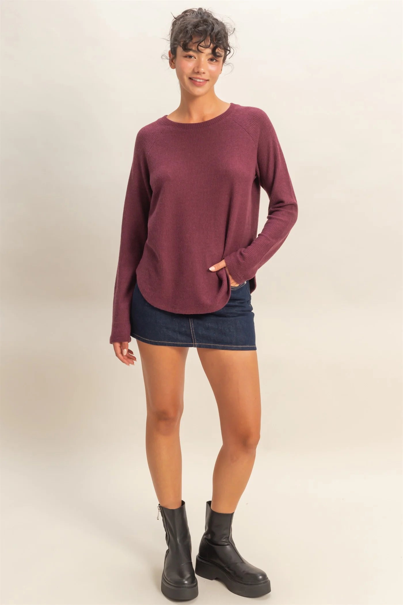 Brushed Waffle Raglan Sleeve Top