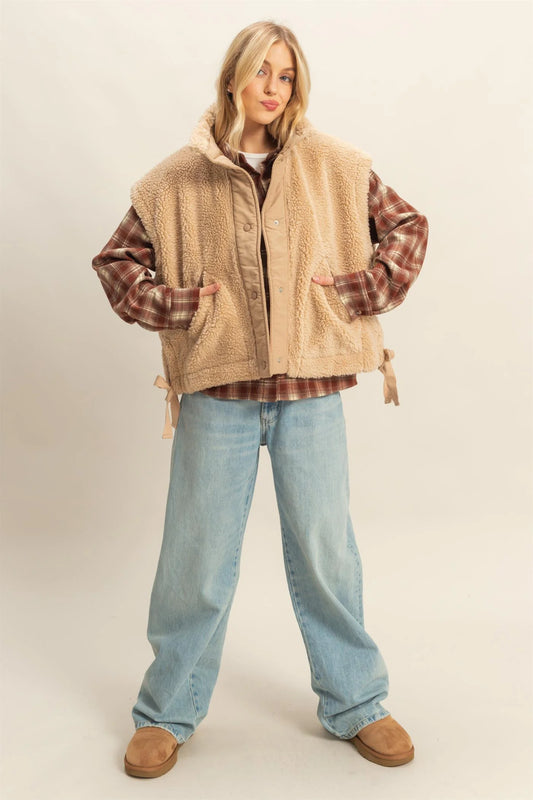 Cozy Sherpa Vest Jacket with Tie-Up Side Details