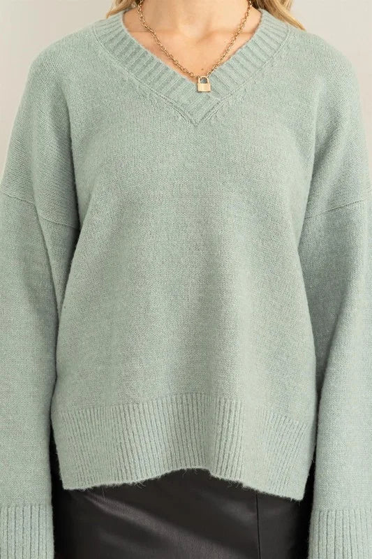 New Trends V Neck Wide Sleeve Side Slit Sweater