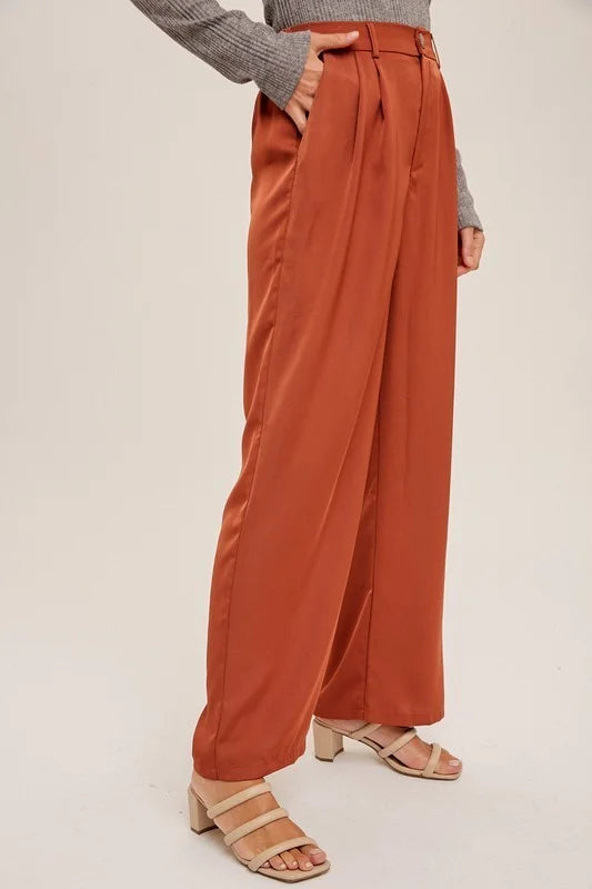 Satin Effect Pleated Wide Leg Trousers